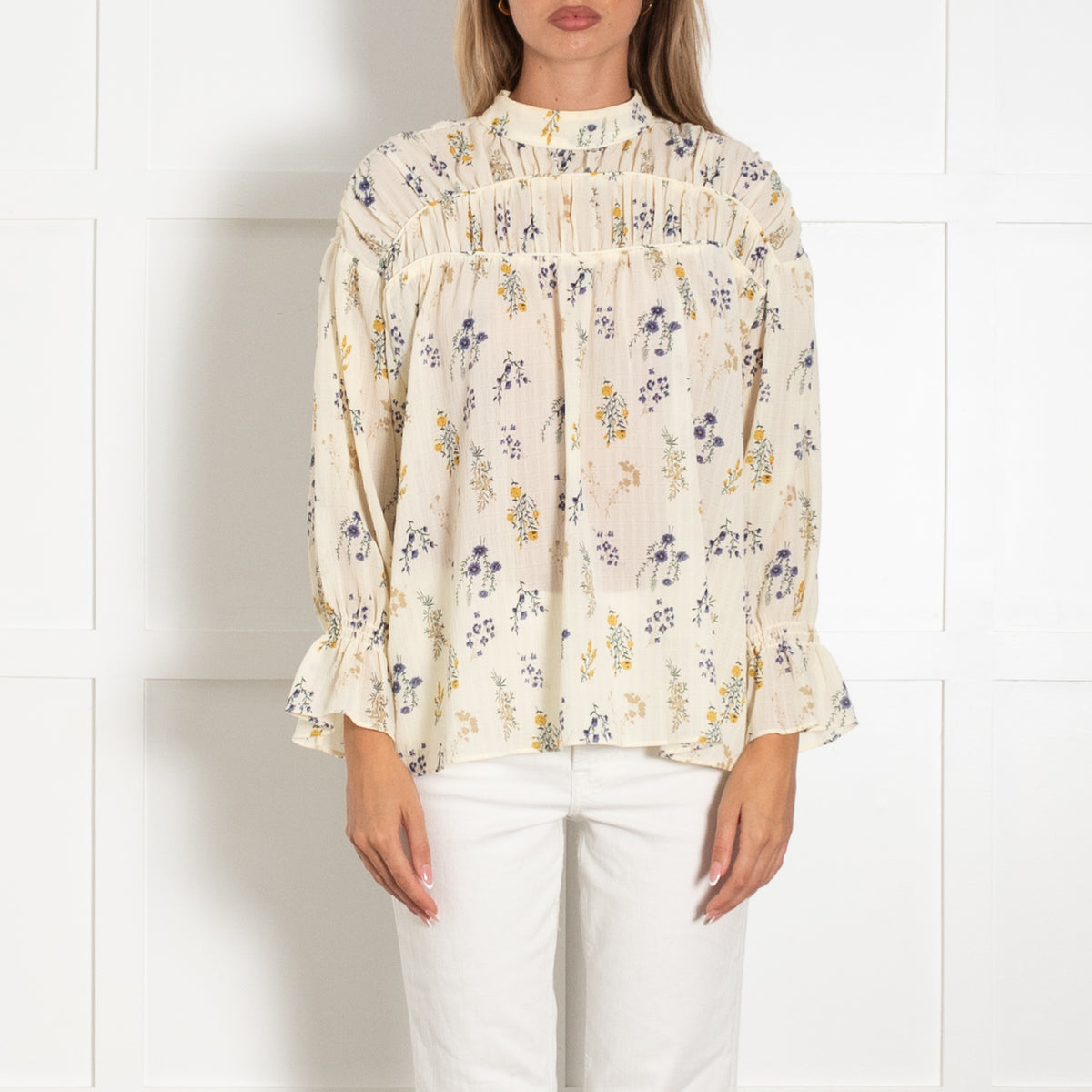 Ba&sh Yellow And Blue Floral Long Sleeve Smocked Top