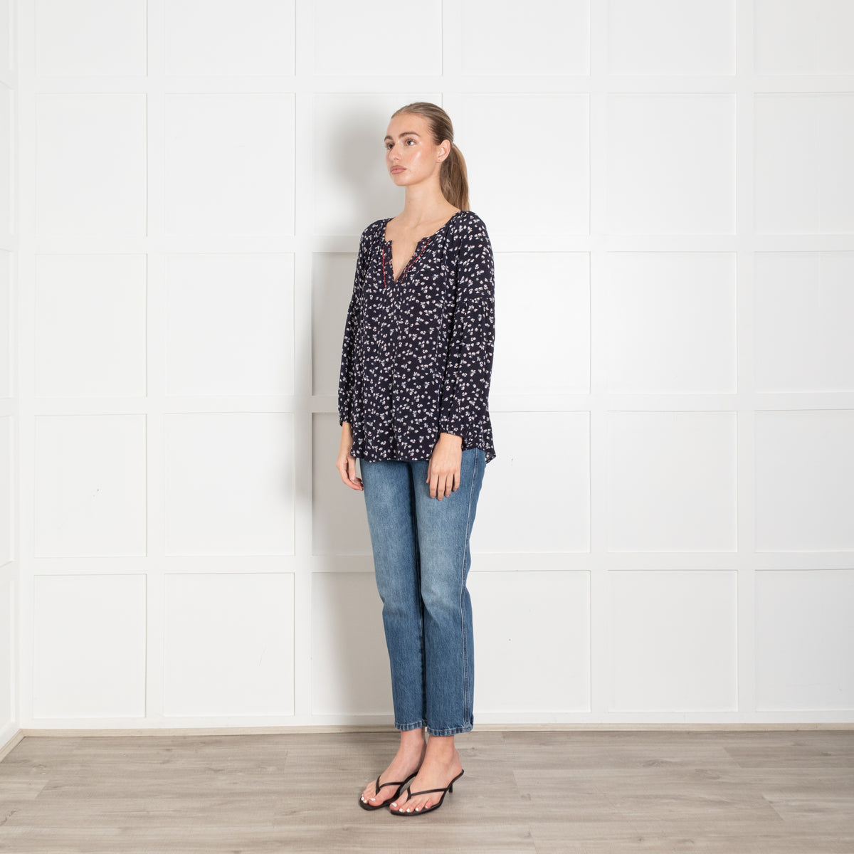 Velvet Navy White Ditzy Floral Print Long Sleeve Blouse