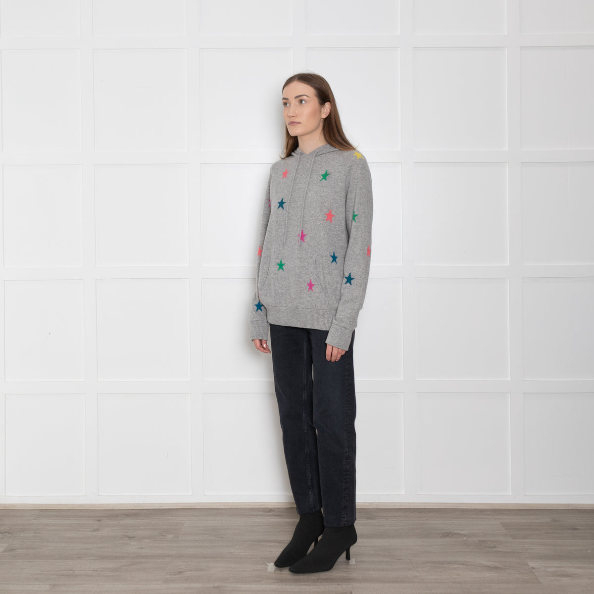 Wyse Grey Cashmere Hoodie with Multi Coloured Stars
