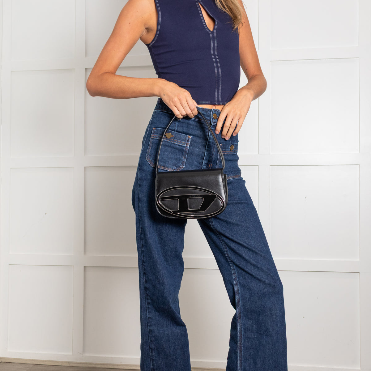 Diesel Black Leather 1DR Logo Shoulder Bag