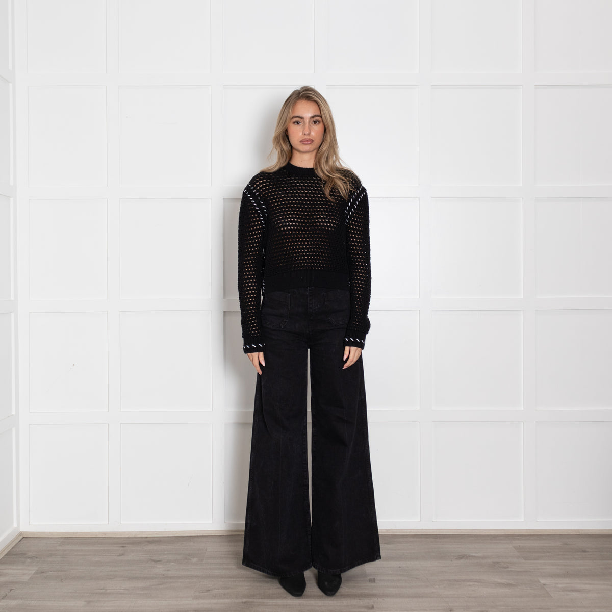 Varley Black Elkin Cotton Sweater With White Side Stiching