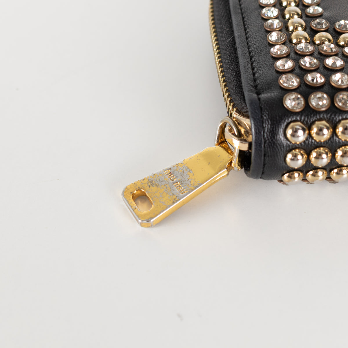 Miu Miu Black Metal Crystal Stud Wallet