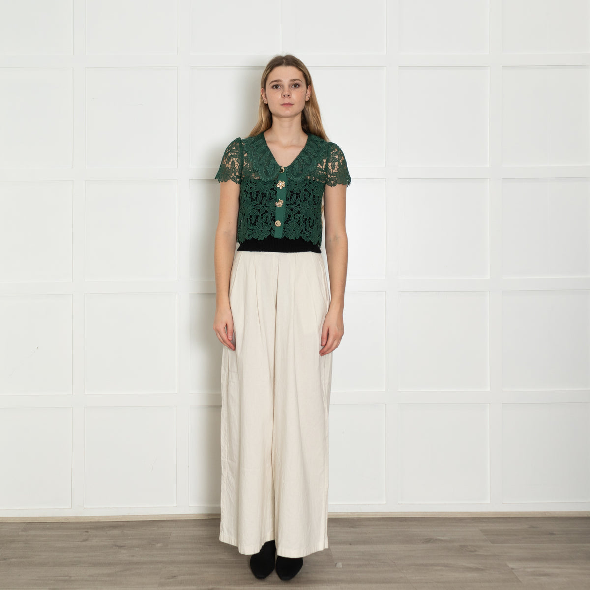 Self Portrait Green Guipure Gold Button Lace Top