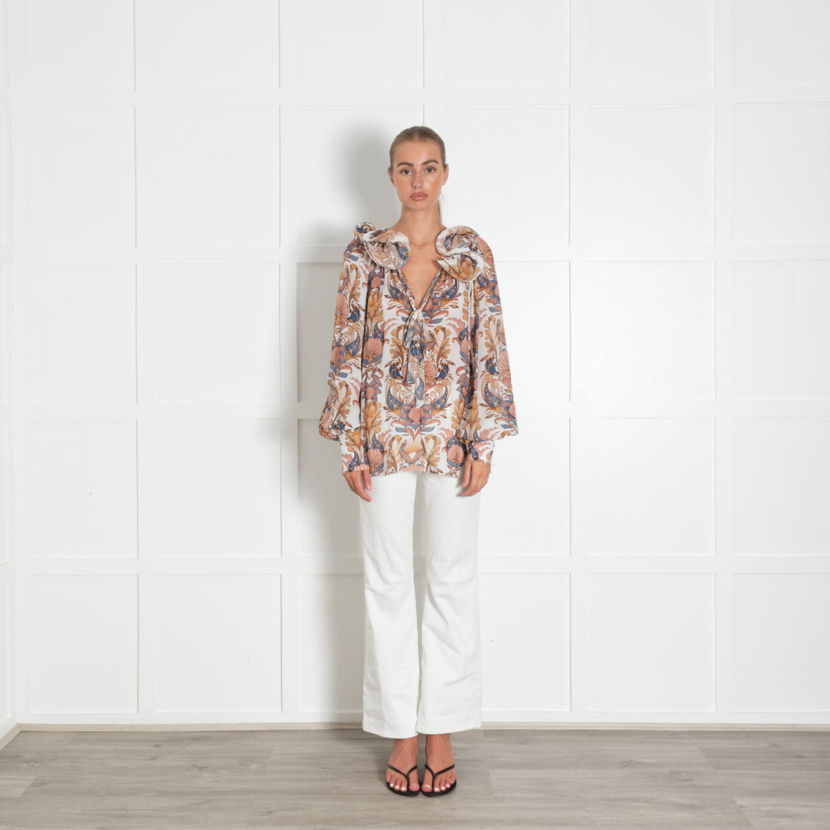 Farm Rio White Sea Garden Tie Neck Top With Ruffe Collar