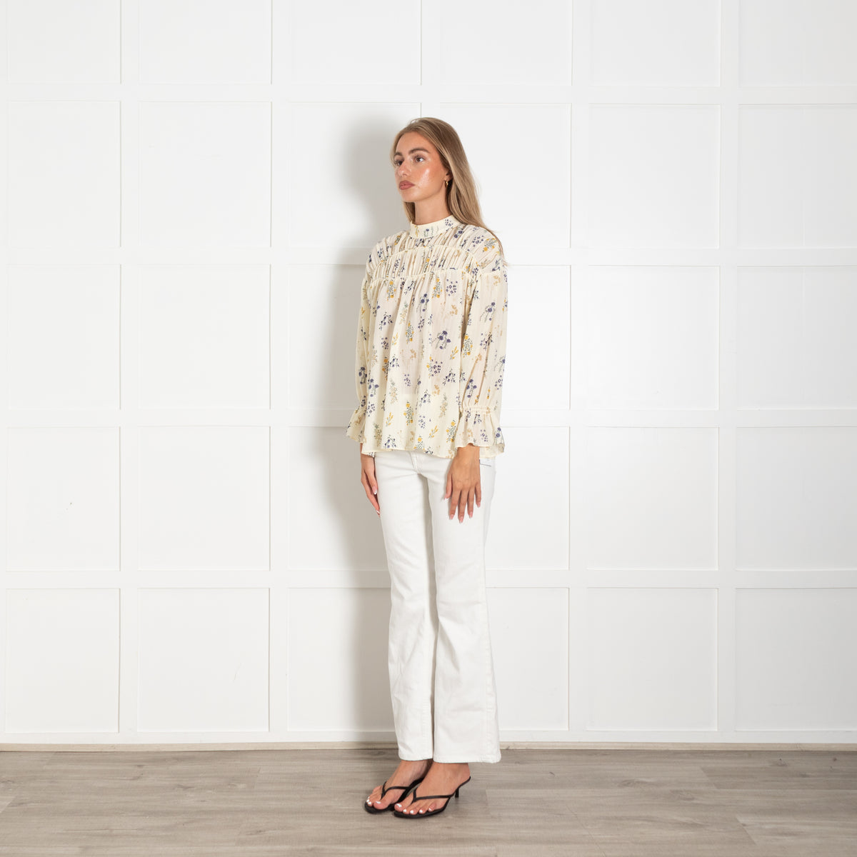 Ba&sh Yellow And Blue Floral Long Sleeve Smocked Top