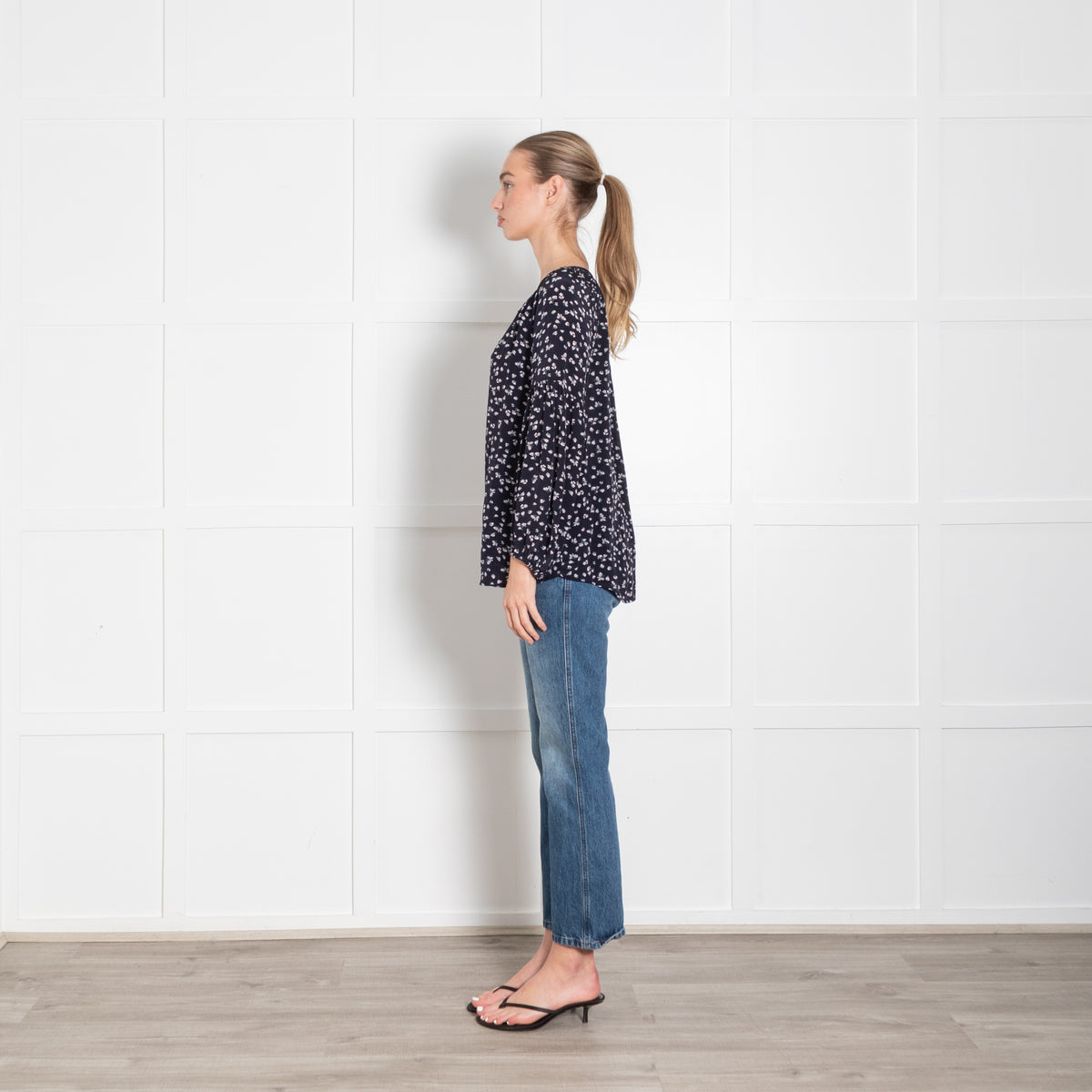 Velvet Navy White Ditzy Floral Print Long Sleeve Blouse