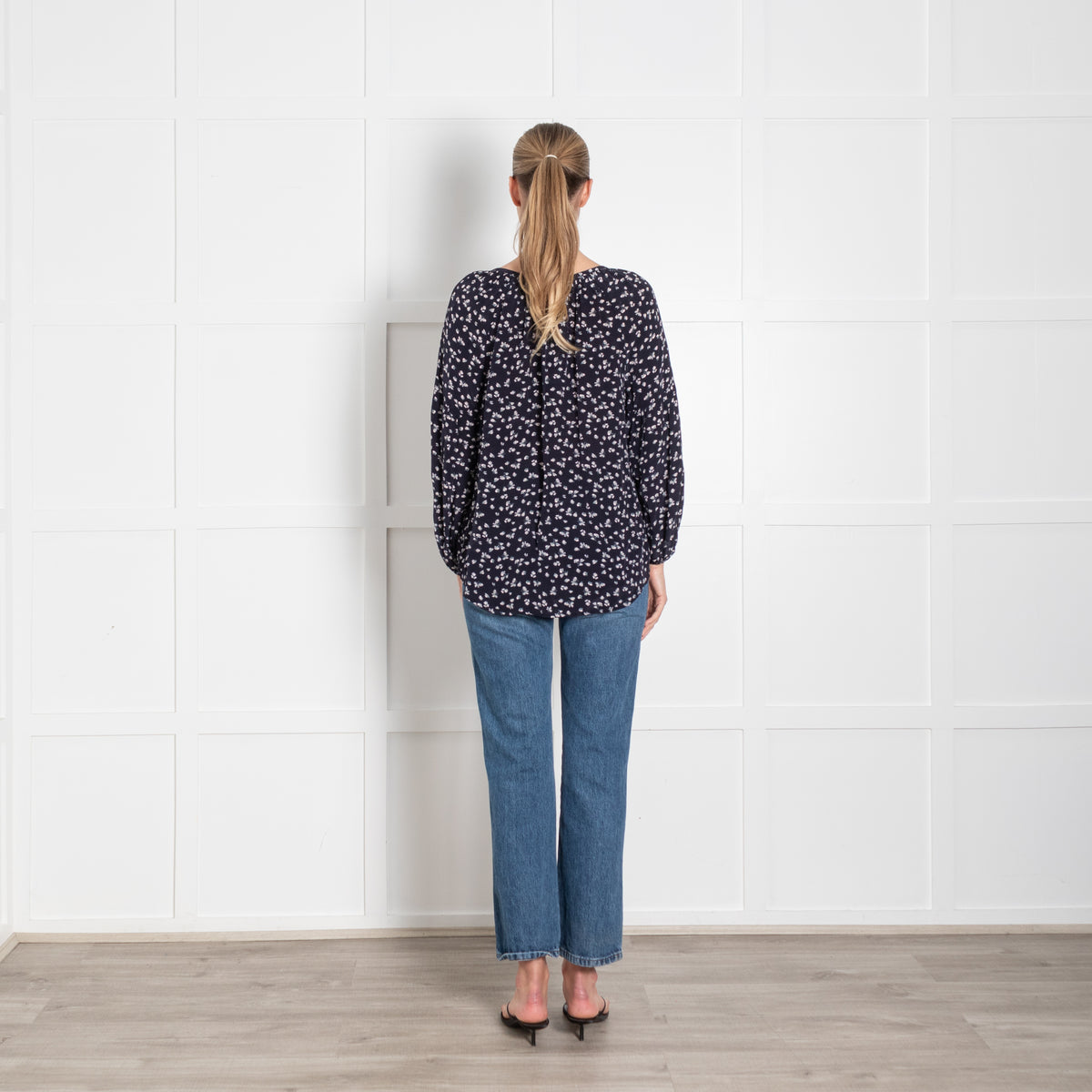 Velvet Navy White Ditzy Floral Print Long Sleeve Blouse