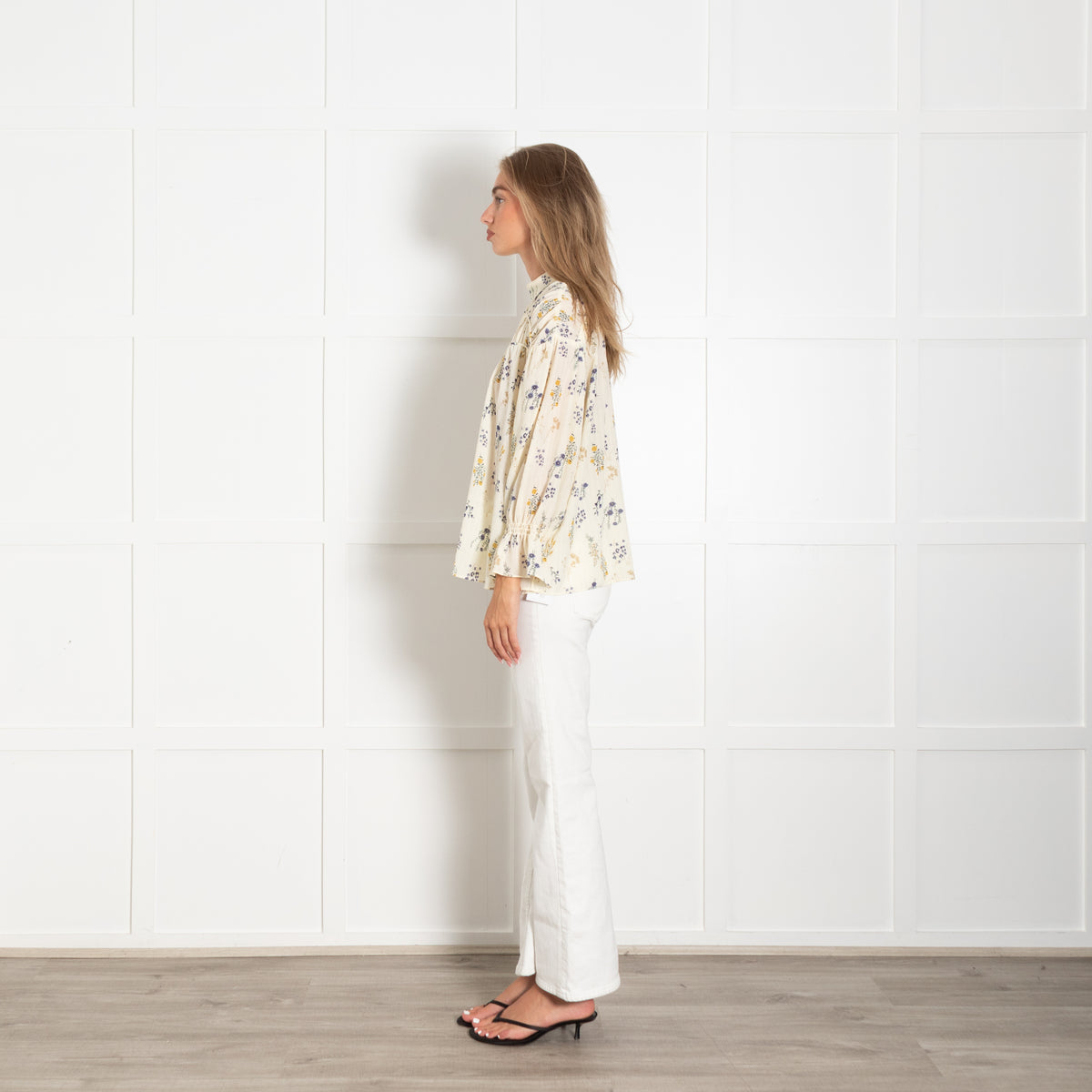 Ba&sh Yellow And Blue Floral Long Sleeve Smocked Top