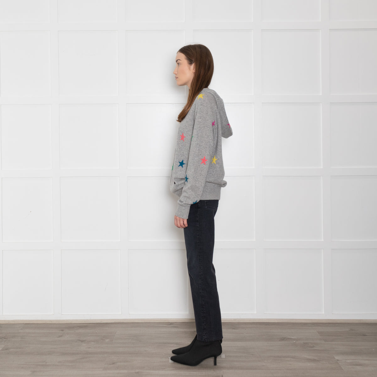 Wyse Grey Cashmere Hoodie with Multi Coloured Stars