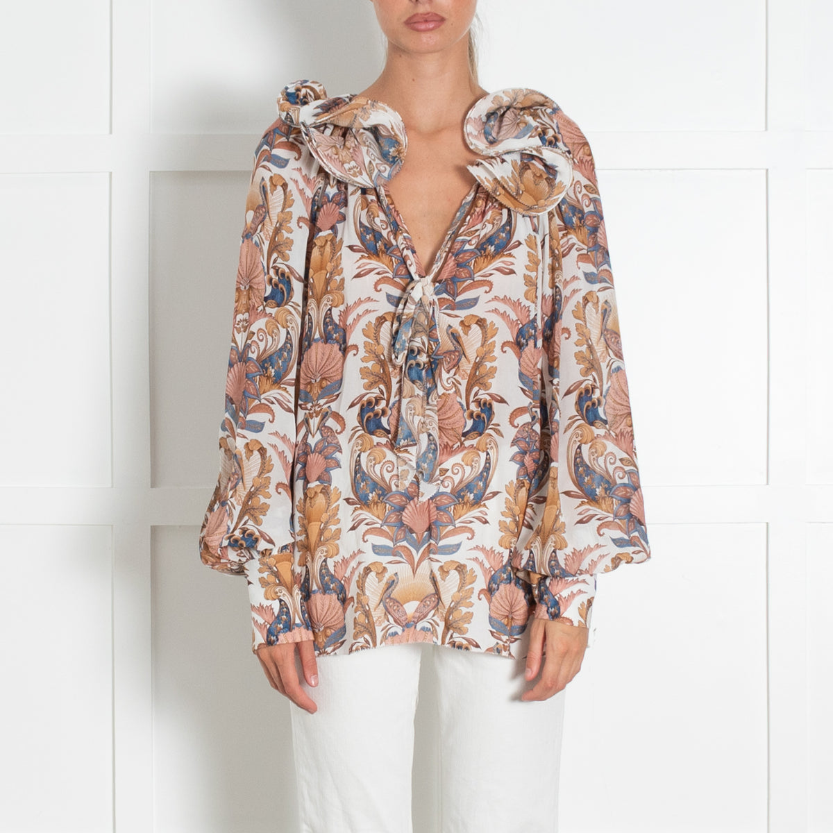 Farm Rio White Sea Garden Tie Neck Top With Ruffe Collar
