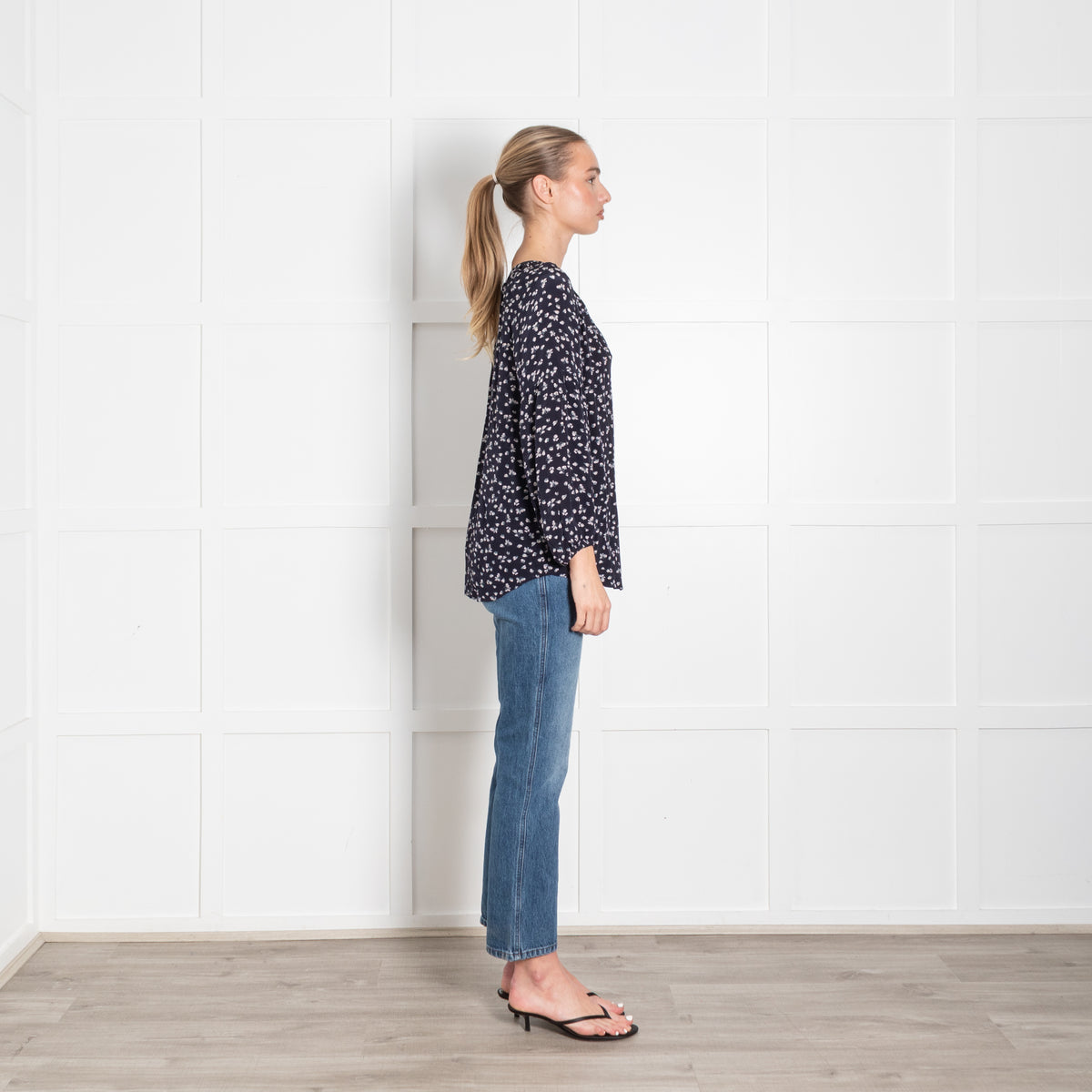 Velvet Navy White Ditzy Floral Print Long Sleeve Blouse