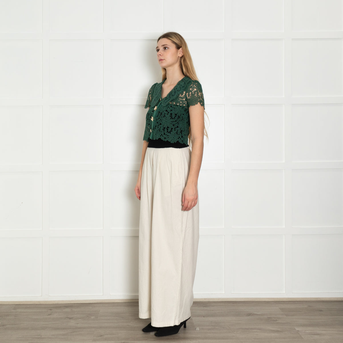 Self Portrait Green Guipure Gold Button Lace Top