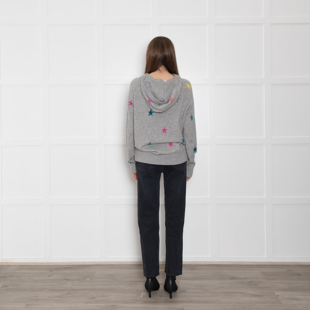 Wyse Grey Cashmere Hoodie with Multi Coloured Stars