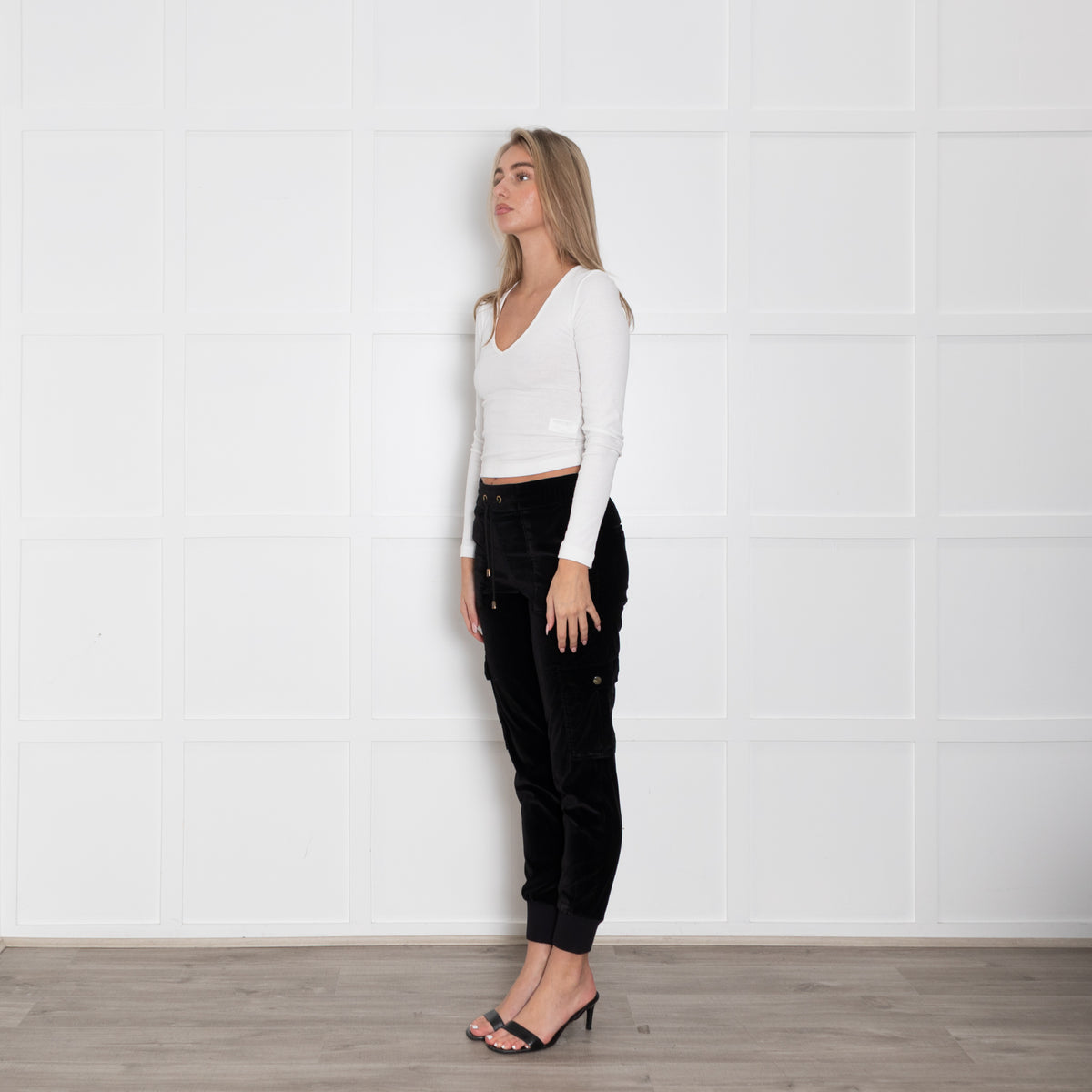 Me+Em Black Velvet Side Pocket Drawstring Waist Joggers