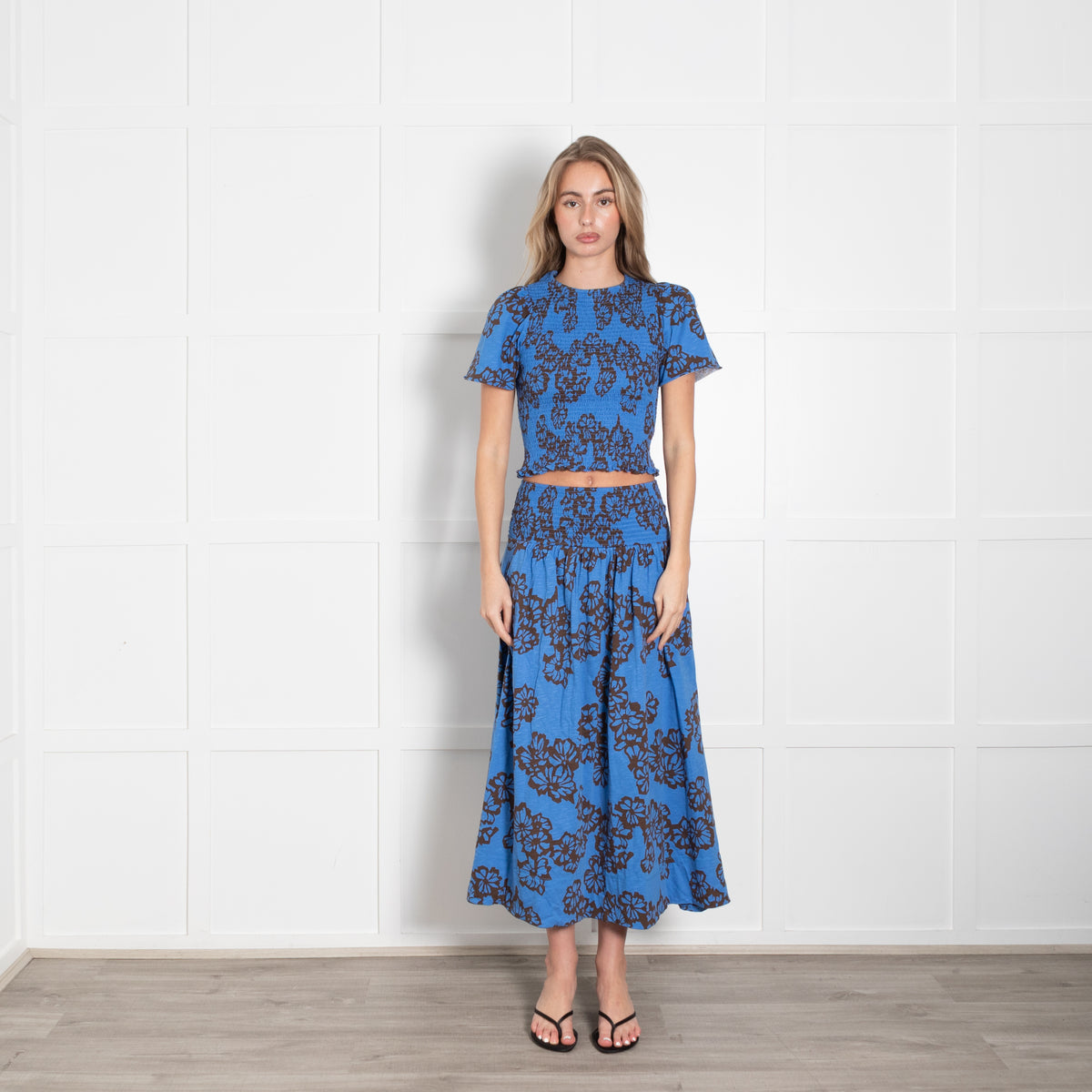 Me + Em Blue & Brown Stencil Bloom Print Tiered Maxi Skirt