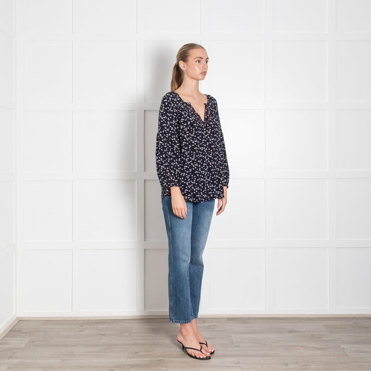 Velvet Navy White Ditzy Floral Print Long Sleeve Blouse