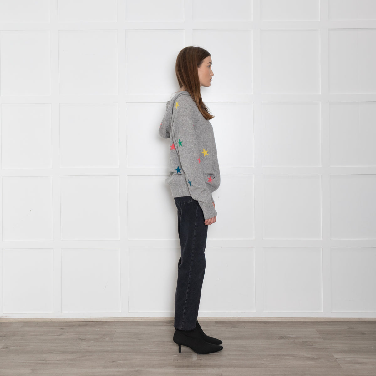 Wyse Grey Cashmere Hoodie with Multi Coloured Stars