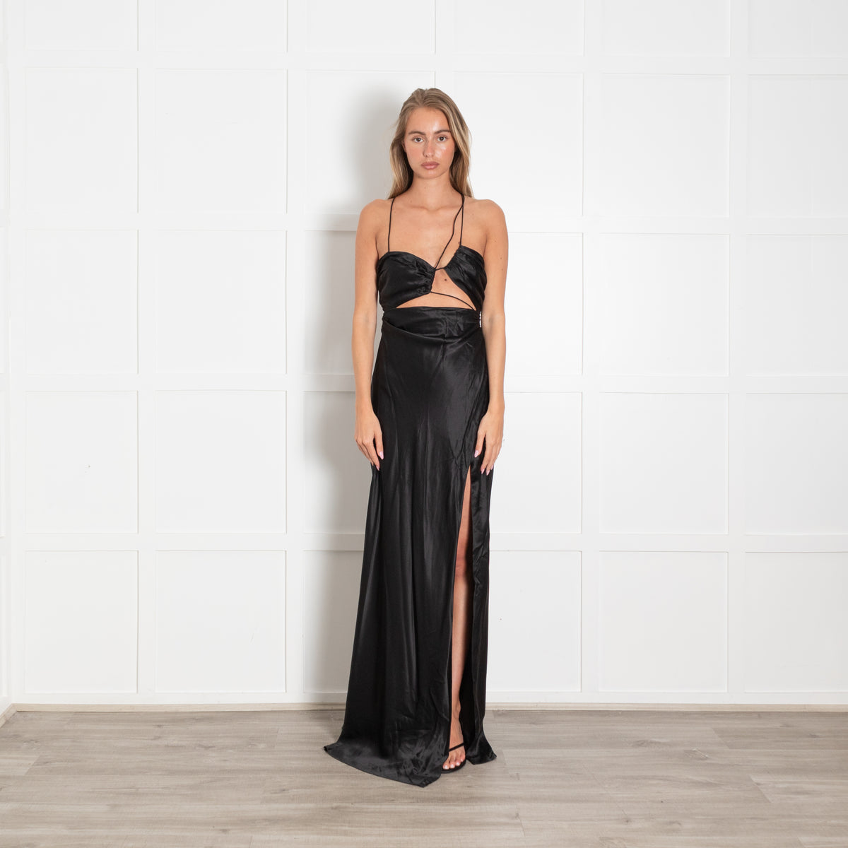 The Sei Black Silk Cutout Spaghetti Strap Maxi Dress