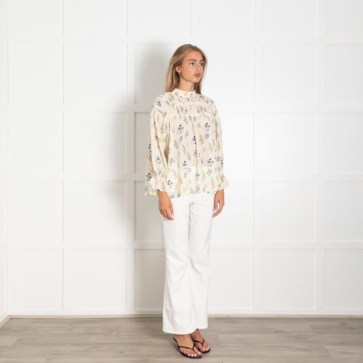 Ba&sh Yellow And Blue Floral Long Sleeve Smocked Top