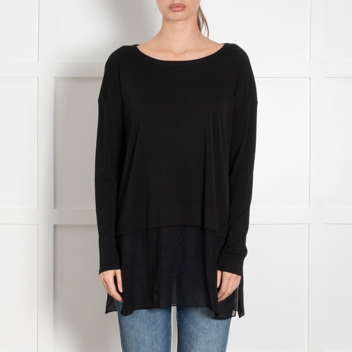 Eileen Fisher Black Long Sleeve Sheer Panel Top