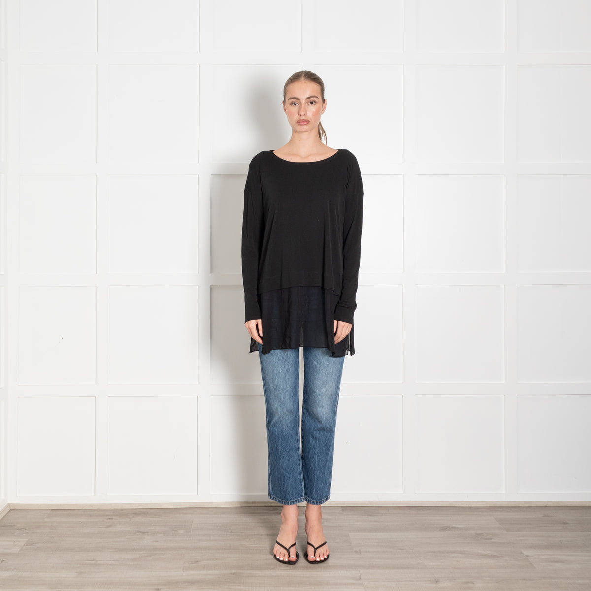 Eileen Fisher Black Long Sleeve Sheer Panel Top