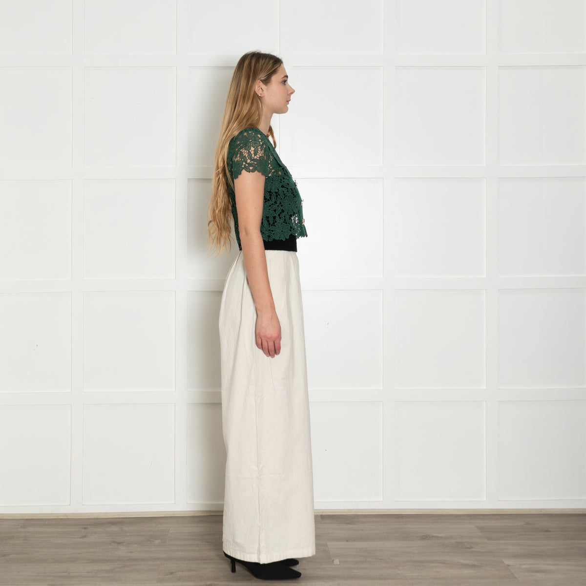 Self Portrait Green Guipure Gold Button Lace Top