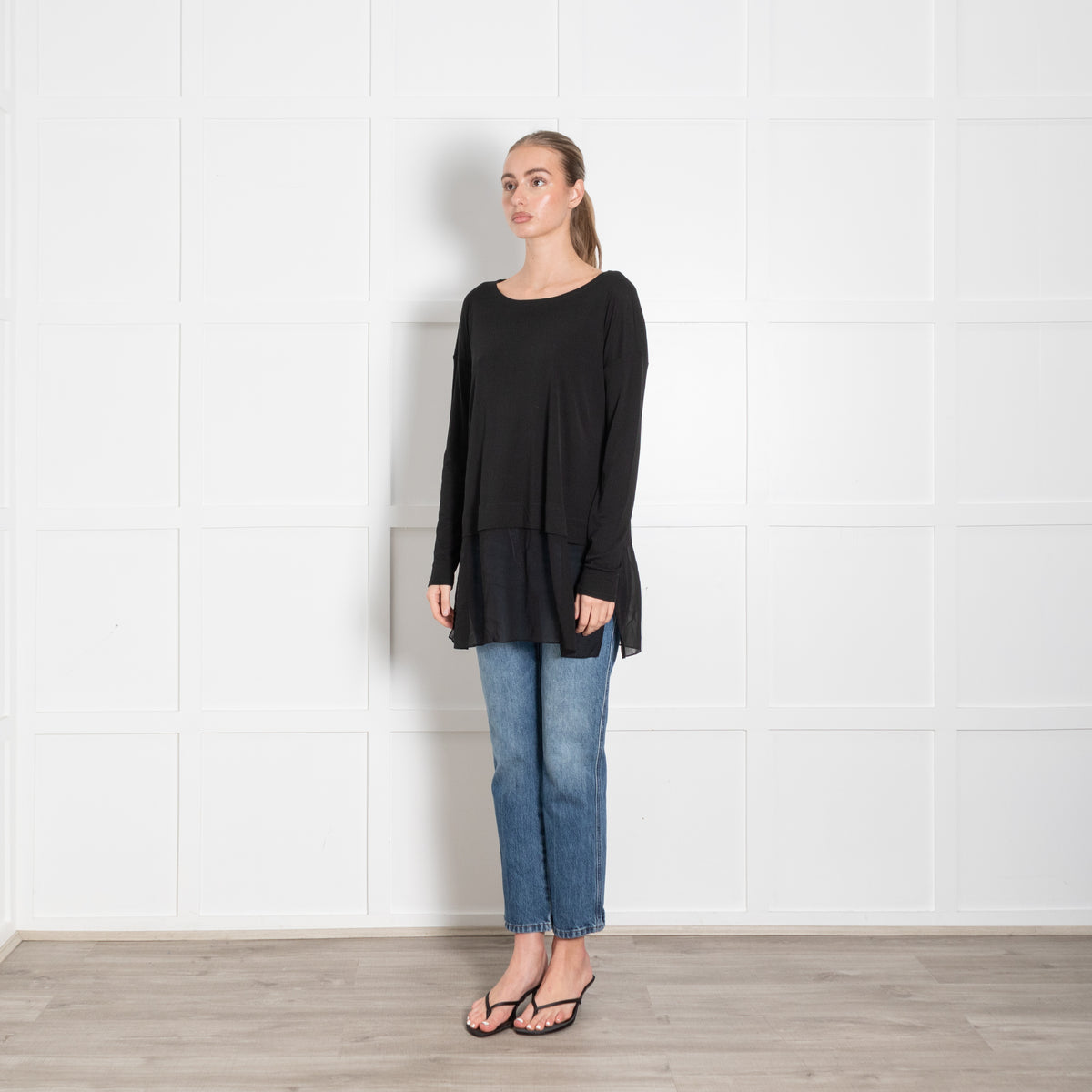 Eileen Fisher Black Long Sleeve Sheer Panel Top