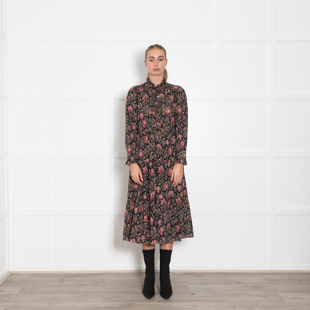 La Vie Navy Burgundy Gold Floral Tiered Midi Dress50