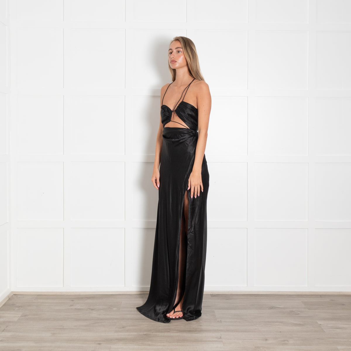 The Sei Black Silk Cutout Spaghetti Strap Maxi Dress