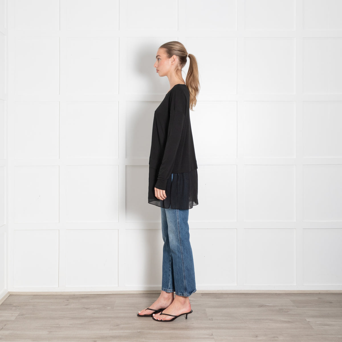 Eileen Fisher Black Long Sleeve Sheer Panel Top