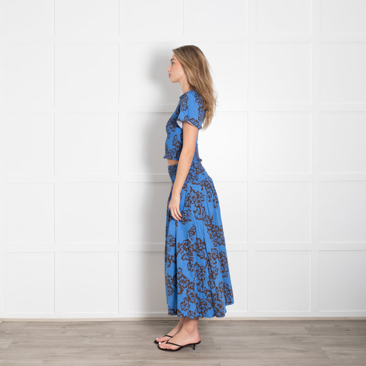 Me + Em Blue & Brown Stencil Bloom Print Tiered Maxi Skirt