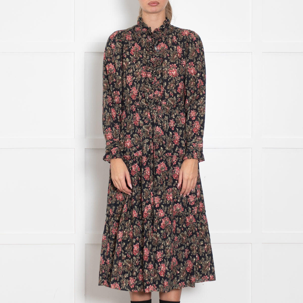 La Vie Navy Burgundy Gold Floral Tiered Midi Dress50