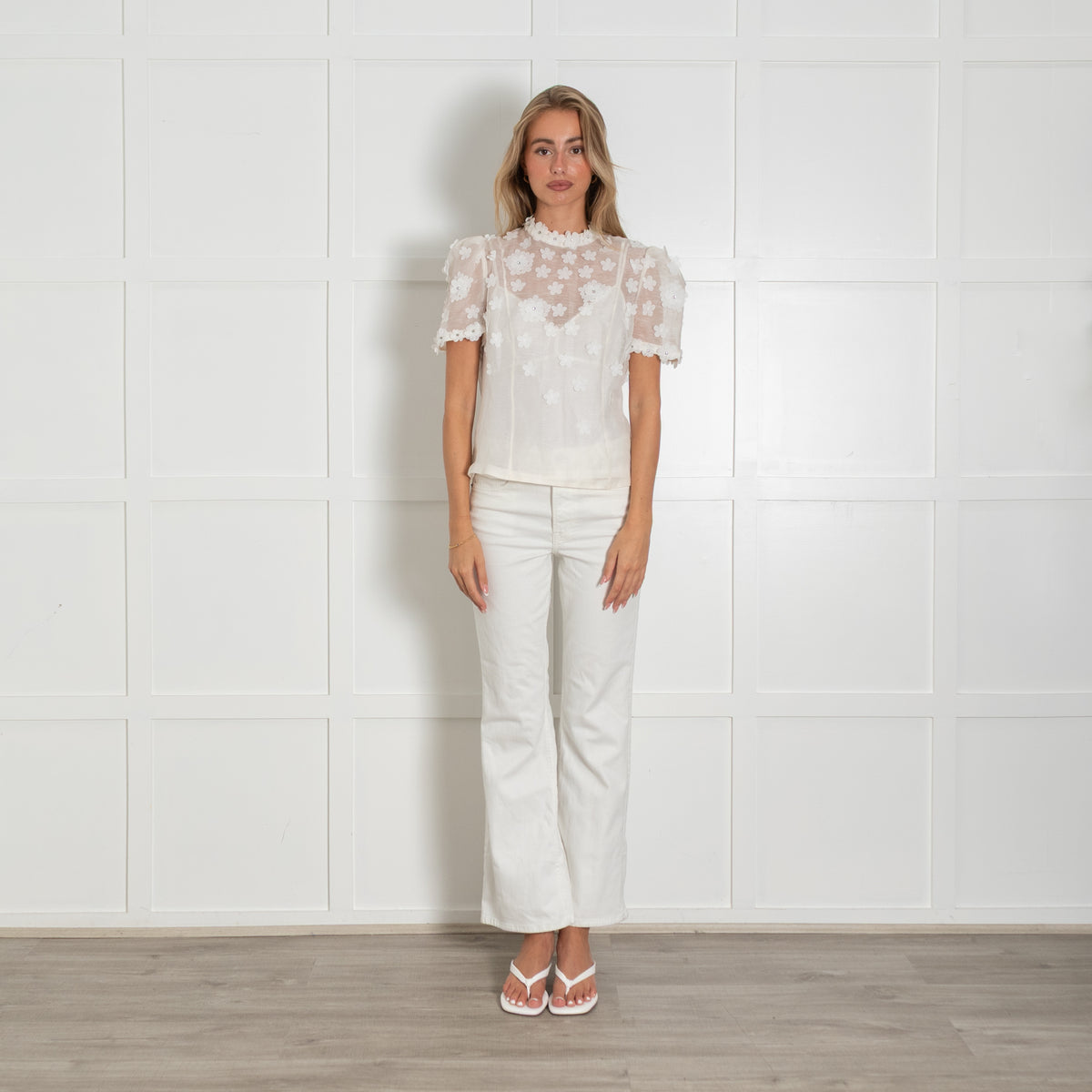 Zimmermann Cream Flower Embellished Short Sleeve Top With Vest