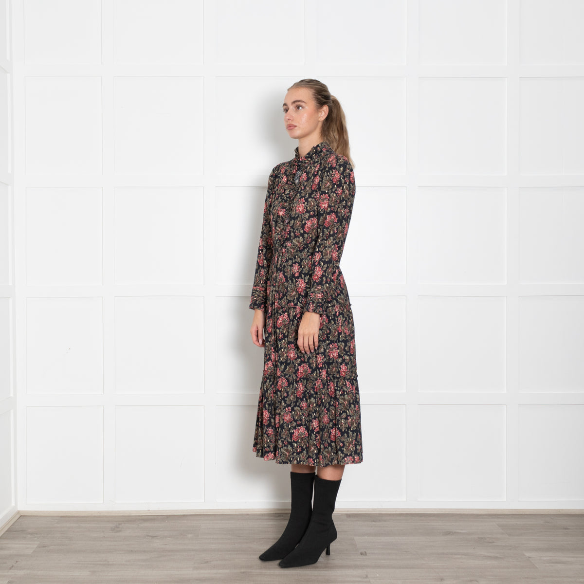 La Vie Navy Burgundy Gold Floral Tiered Midi Dress50
