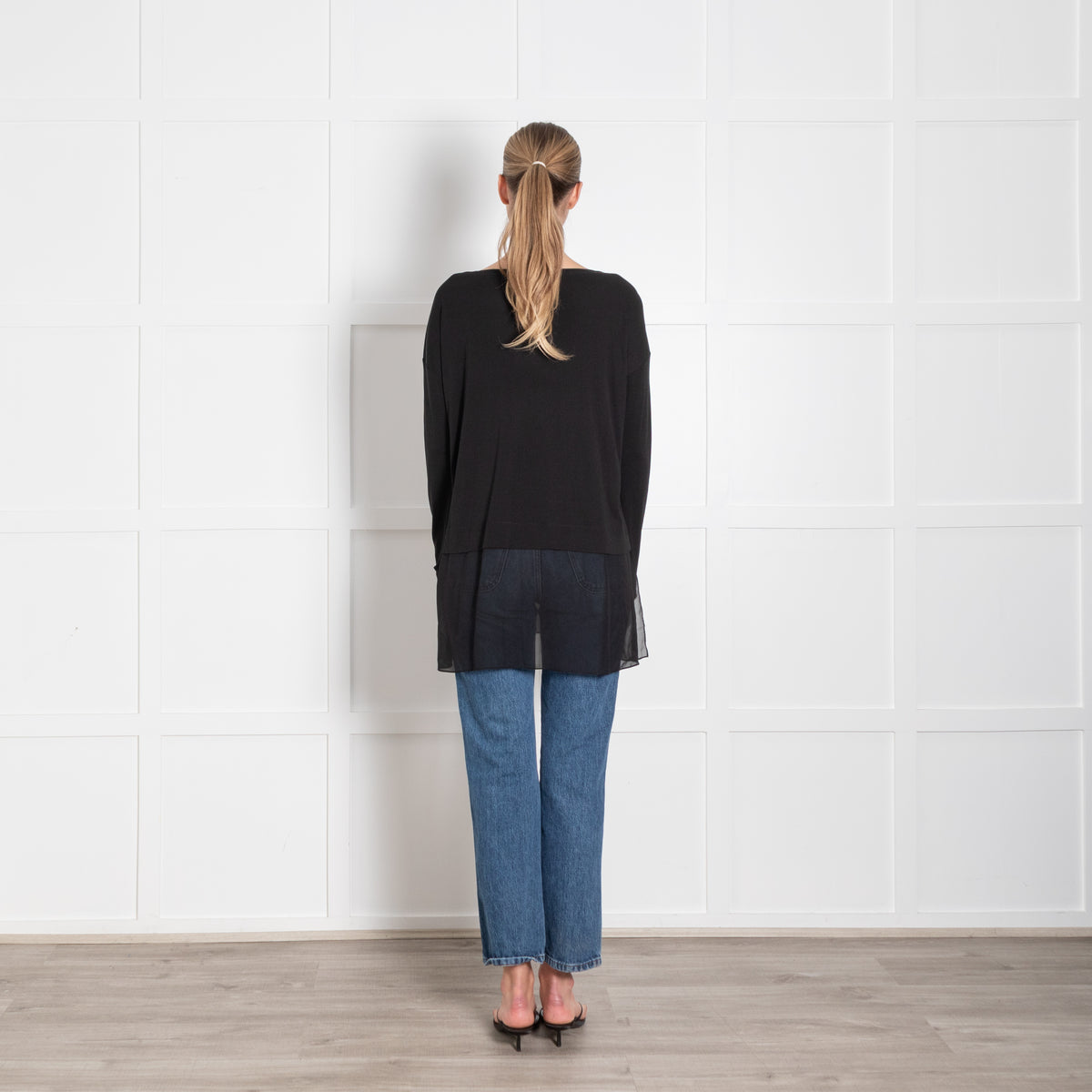 Eileen Fisher Black Long Sleeve Sheer Panel Top