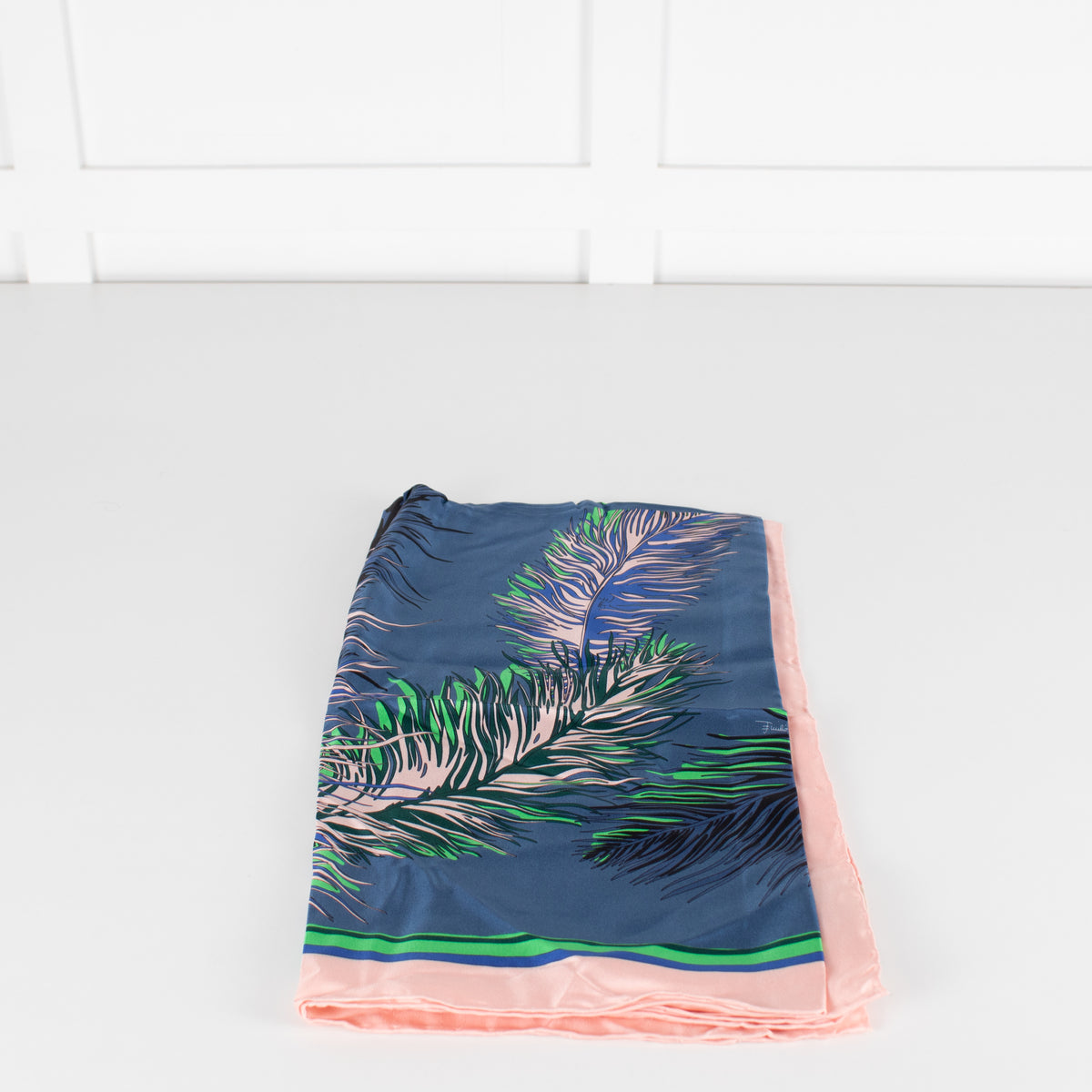Emilio Pucci Blue and Pink Feather Print Scarf