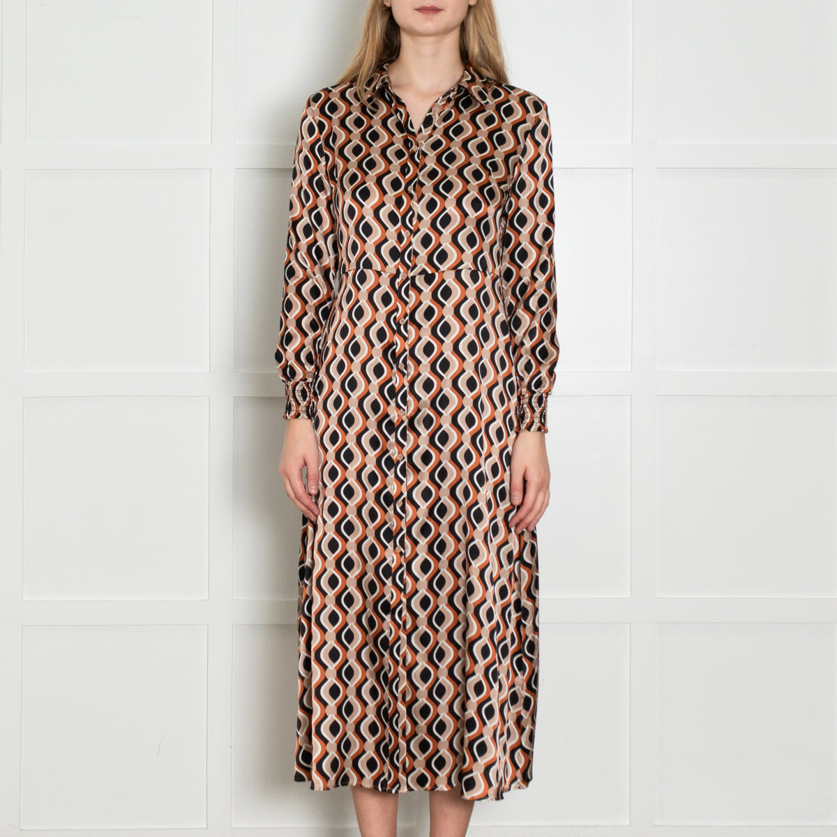 Charlotte Sparre Black Brown White Print Front Open Silk Maxi Dress