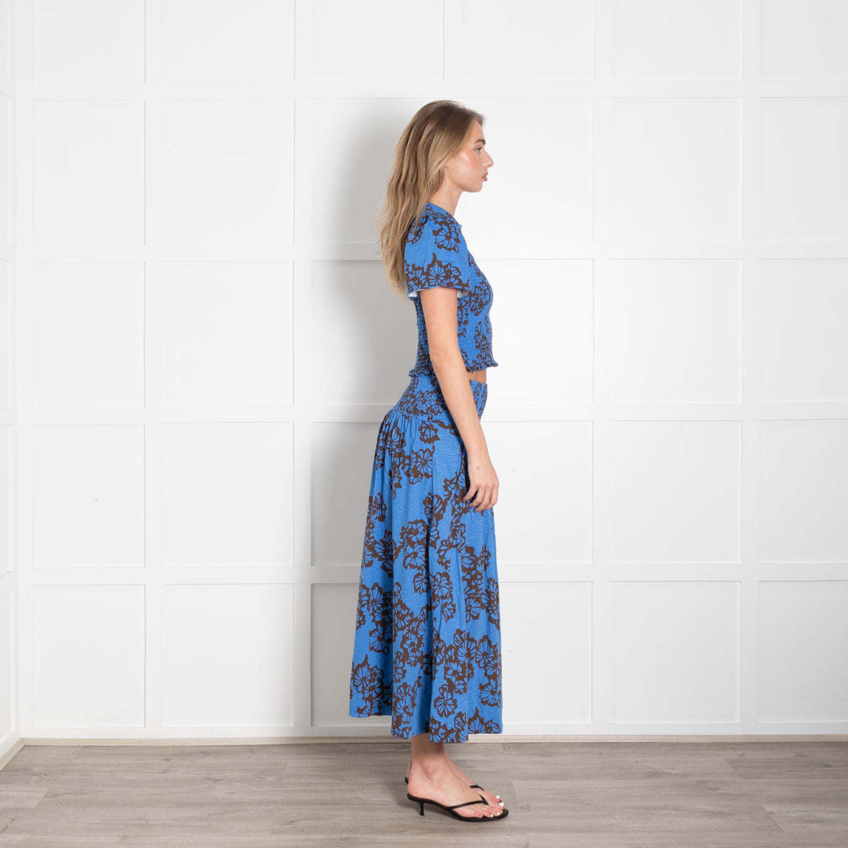 Me + Em Blue & Brown Stencil Bloom Print Tiered Maxi Skirt