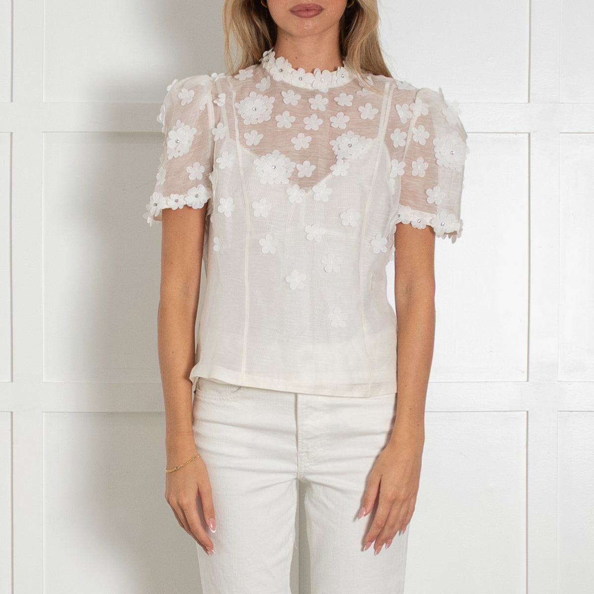 Zimmermann Cream Flower Embellished Short Sleeve Top With Vest