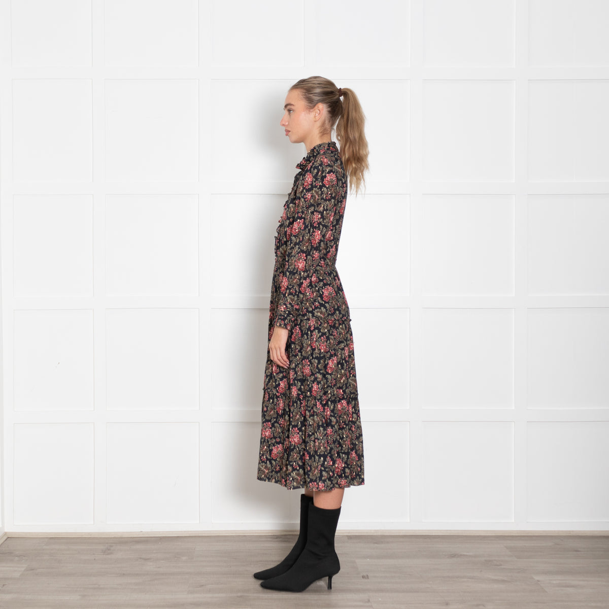 La Vie Navy Burgundy Gold Floral Tiered Midi Dress50