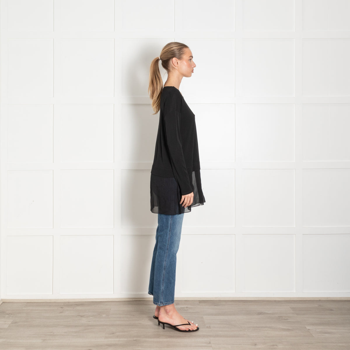 Eileen Fisher Black Long Sleeve Sheer Panel Top