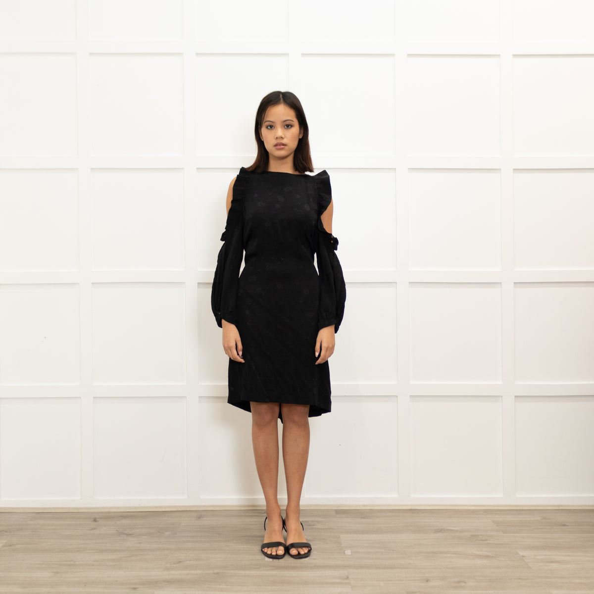 Maje Black On Black Print Cut Out Shoulder Dress
