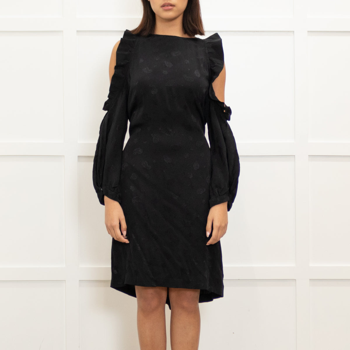 Maje Black On Black Print Cut Out Shoulder Dress