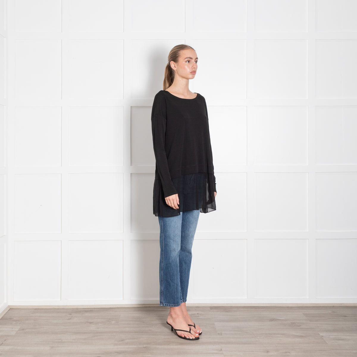 Eileen Fisher Black Long Sleeve Sheer Panel Top
