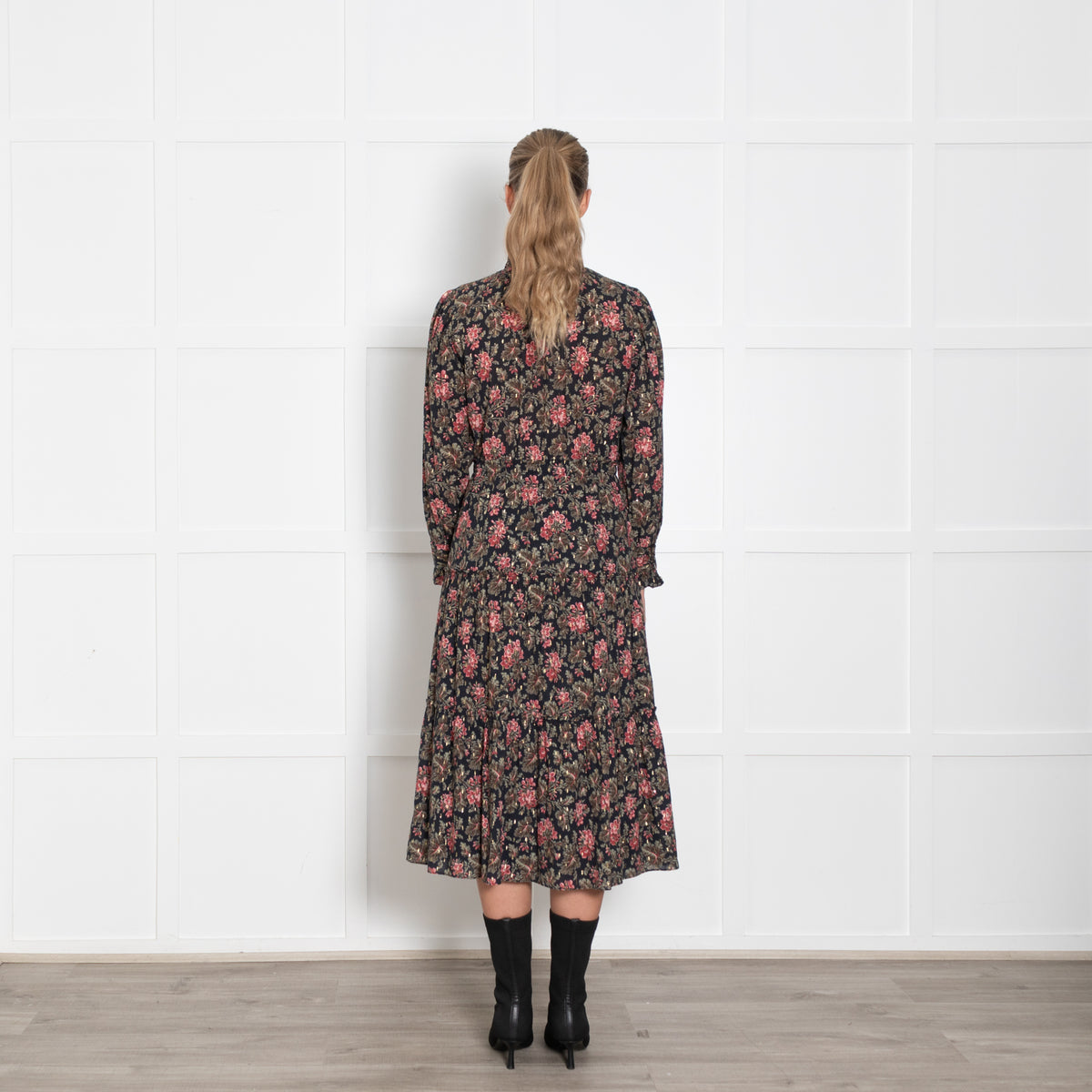 La Vie Navy Burgundy Gold Floral Tiered Midi Dress50