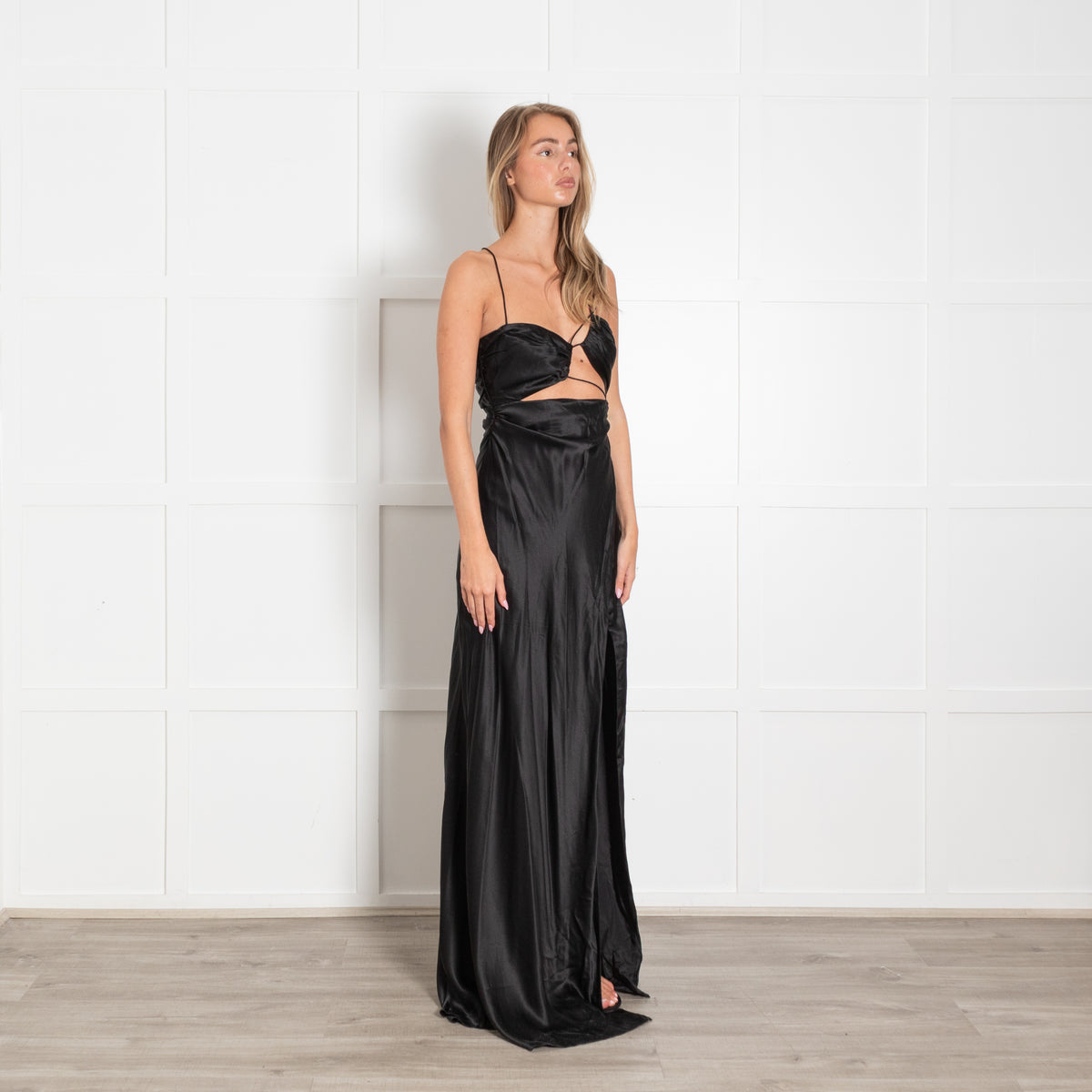 The Sei Black Silk Cutout Spaghetti Strap Maxi Dress