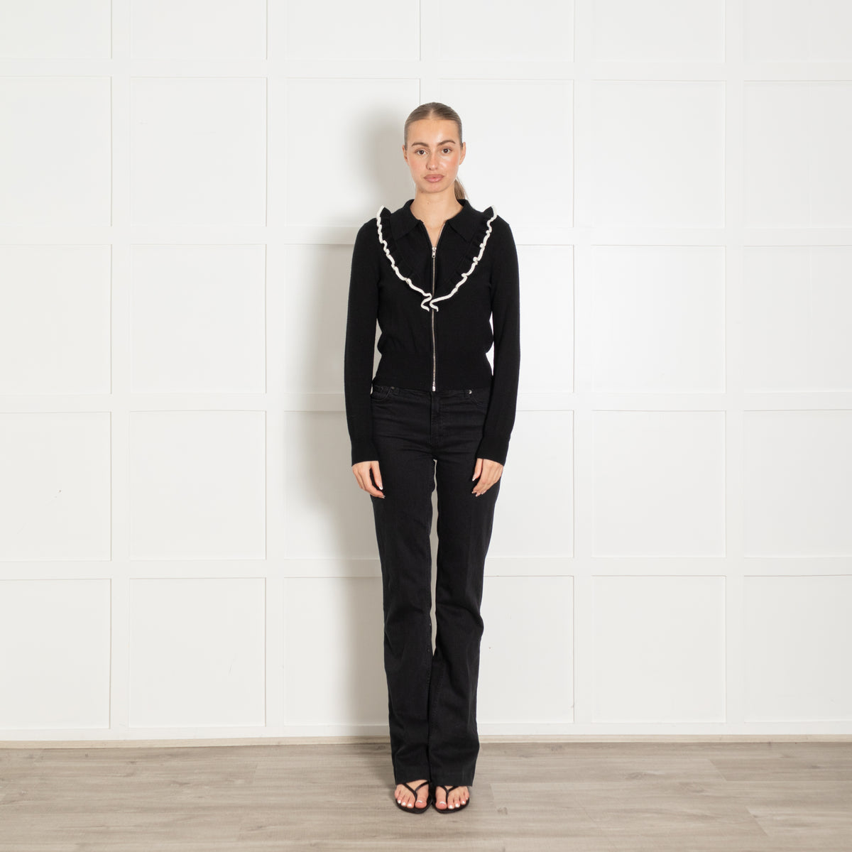 Sandro Black Cream Frill Collar Zip Cardigan