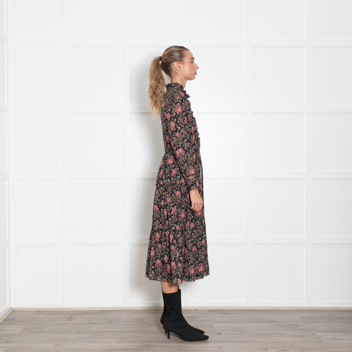La Vie Navy Burgundy Gold Floral Tiered Midi Dress50