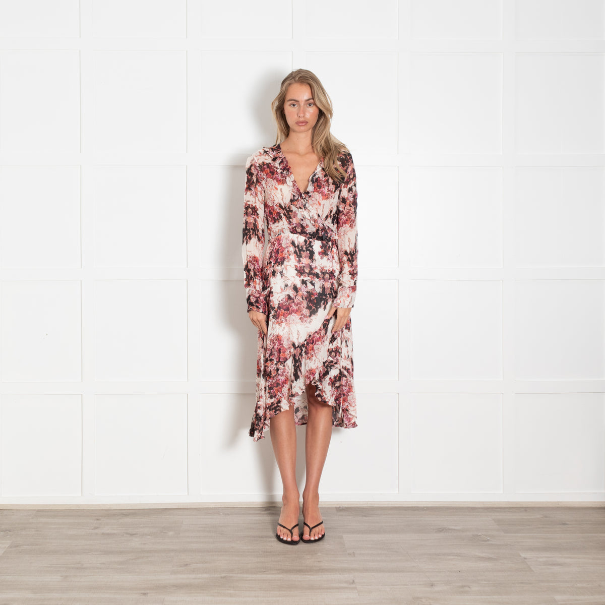 Iro Pink Black And Cream Pattern Wrap Dress
