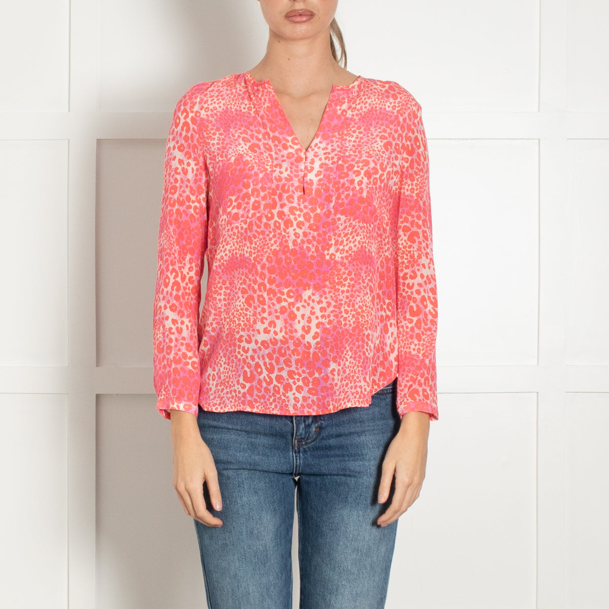 Mercy Delta White Neon Orange Pink Animal Print Silk Blouse